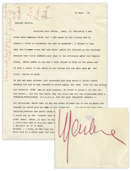 Marlene Dietrich Letter Signed, With Autograph Note, on Her Relationship with Erich Remarque, and ''that bitch [Paulette] Goddard'', Remarque's Widow